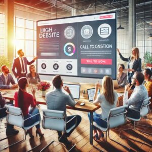 "Discover how effective teamwork and strategic design elements combine to create high-converting websites. This image captures a diverse group of professionals collaborating on a user-friendly and engaging website, highlighting the importance of clear CTAs, compelling messaging, and optimized design for boosting online conversions."