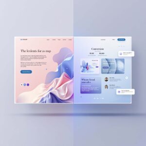 Split-screen comparison of a beautiful artistic website design versus a conversion-optimized layout, joined by a harmonious middle section